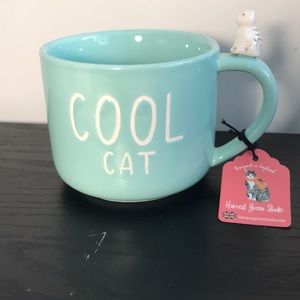 Harvest Green Studio. Cool Cat Teal/Aqua/light blue Coffee Cup Mug.